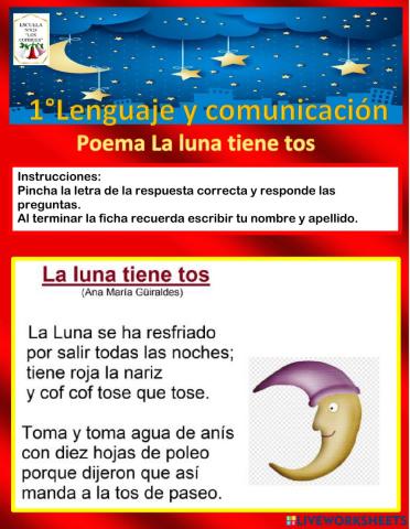 1° Lenguaje y comunicación: ficha interactiva poema La Luna tiene tos 06.04.2021