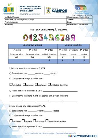 Sistema de Numeração Decimal até Unidade de Milhar