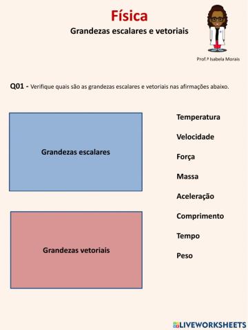 Atividade sobre grandezas escalares e vetoriais