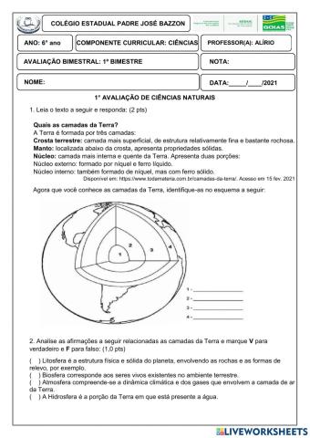 Prova: ciências 6 ano