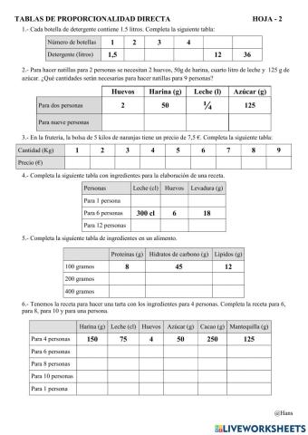 Tablas de proporcionalidad directa - 2