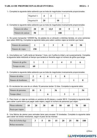 Tablas de proporcionalidad inversa - 1