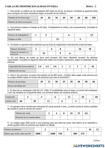 Tablas de proporcionalidad inversa - 2