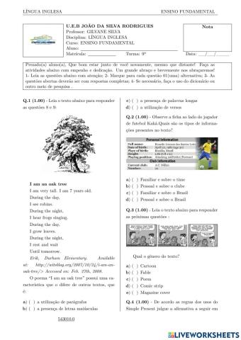 Teste diagnóstico 9º ano