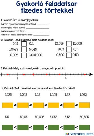 Tizedes törtek gyakorló feladatsor