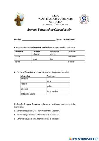 Examen de comunicación I BIMESTRE