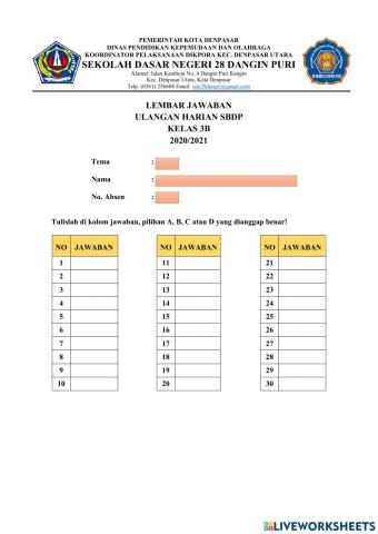 Ulangan Harian SBDP TEMA 8 Kelas 3B