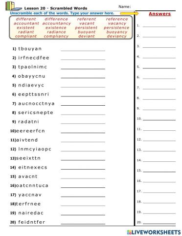 Lesson 20   Final Syllables –ent-–ence-–ency, –ant-–ance-–ancy