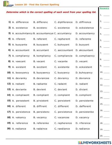 Lesson 20   Final Syllables –ent-–ence-–ency, –ant-–ance-–ancy