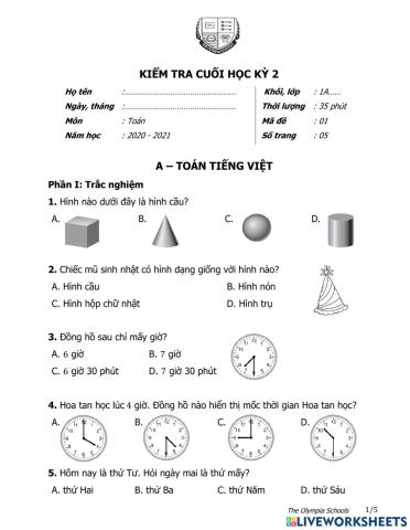 ĐỀ KIỂM TRA CUỐI HK 2 - Lớp 1