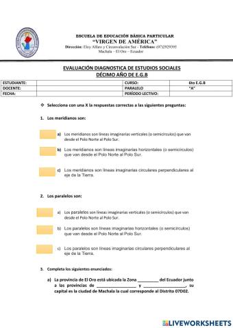 Evaluación diagnóstica de estudios sociales para sexto E.G.B