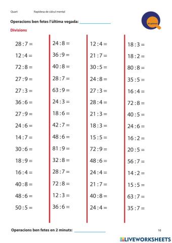 Càlcul ràpid divisions nivell 4t. Quinzet