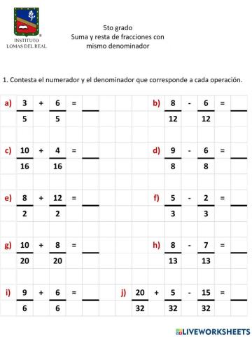 Suma y resta de fracciones con mismo denominador