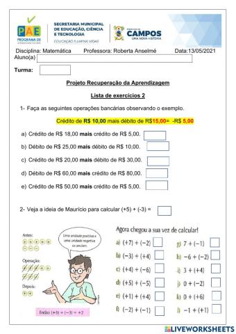 Adições e subtrações com números inteiros