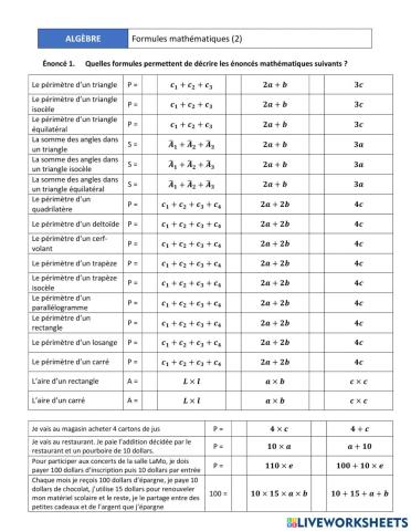 Formules mathématiques