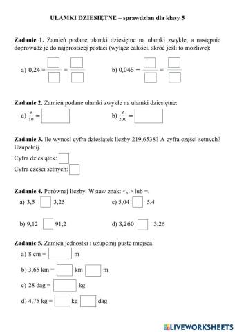 Ułamki dziesiętne - sprawdzian dla klasy 5