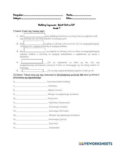 Unit Test in EsP 7-3rd Quarter