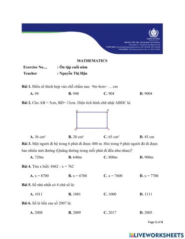 Toán 3 - 17.05.2021 - 21.05.2021 - Ôn tập cuối năm