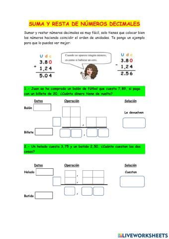 Sumas y restas de decimales