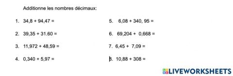 Additionne les nombres décimaux