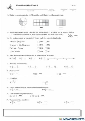 Ułamki zwykłe - sprawdzian klasa 4