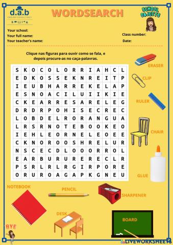 School objects wordsearch