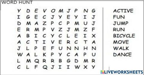 Word hunt puzzle-physical fitness