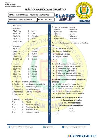 Clasificación de sustantivo y Artículos