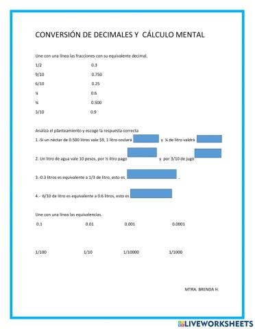 Conversion de decimales y calculo mental