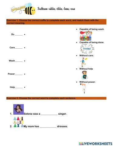 Suffixes -able, -ible, -ous, -less