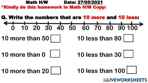 10 MORE OR LESS -homework