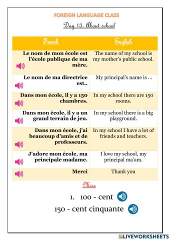 About school and numbers (41-50) in French