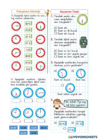Saat okuma çalışma kağıdı