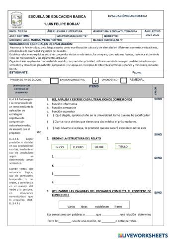 Evaluación de diagnostico de lengua y literatura