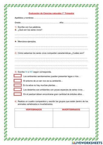 Evaluación cs. ns. 4° grado