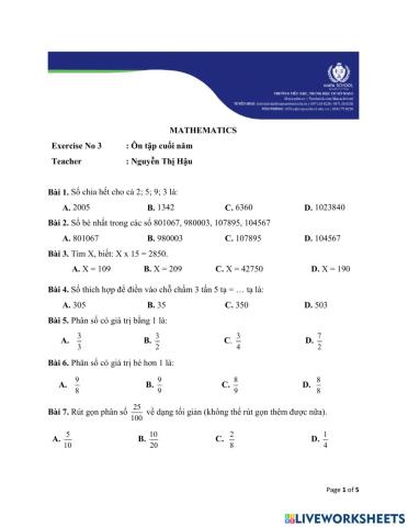 Toán 4 -31.05 - 04.06.2021 - Ôn tập cuối năm