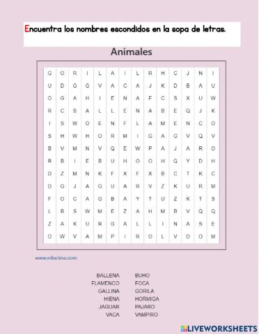 Sopa de letras animales