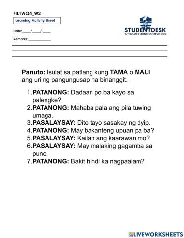 Pangungusap na Patanong at Pasalaysay