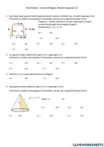 Házi feladat - testek térfogata, felszíne (1)