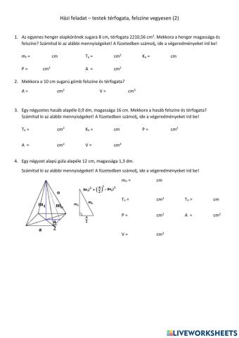 Házi feladat - testek térfogata, felszíne (2)