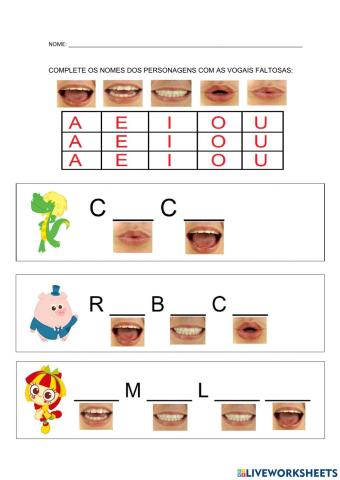 Completar com vogais- personagens do sítio do picapau amarelo
