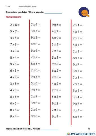 Càlcul ràpid multiplicacions nivell 4t. Quinzet