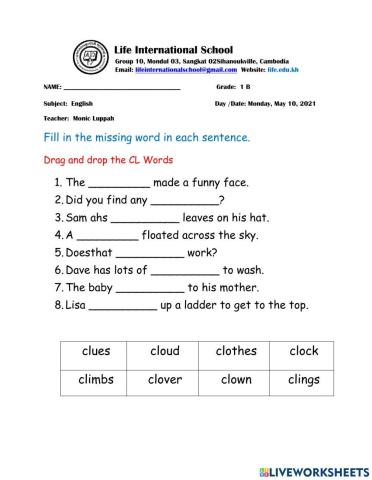 Consonant Blend CL Words