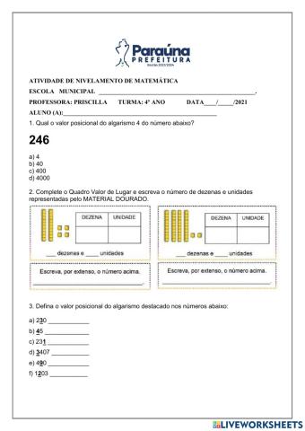 Nivelamento de matemática 4º ano