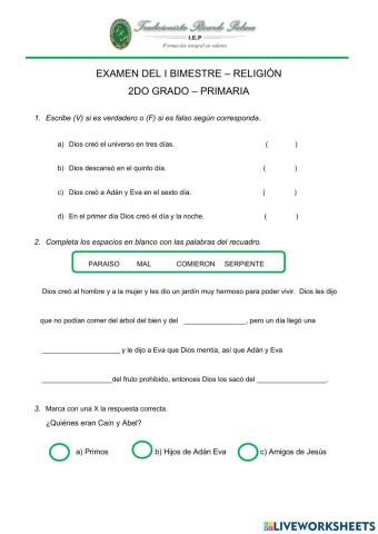 Examen bimestral - religión b