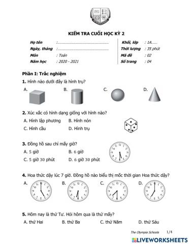 Kiểm tra Học kì 2 - Toán 1 (đề 2)