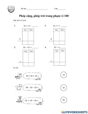 Ôn tập (Cộng trừ trong phạm vi 100)