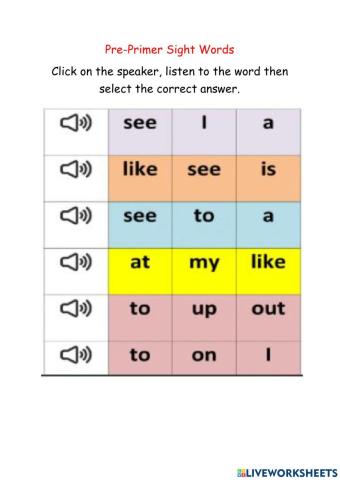 Basic Pre-primer Sight Words