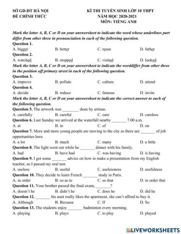 Đề thi tiếng Anh vào 10 Hà Nội năm 2020