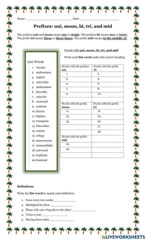 Prefixes: uni, mono, bi, tri, and mid